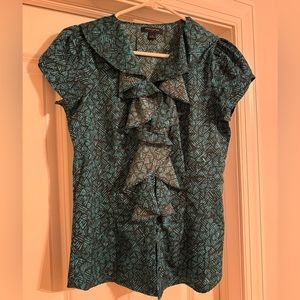 Banana Republic Shell Blouse, Black, Green, Ruffle Neckline